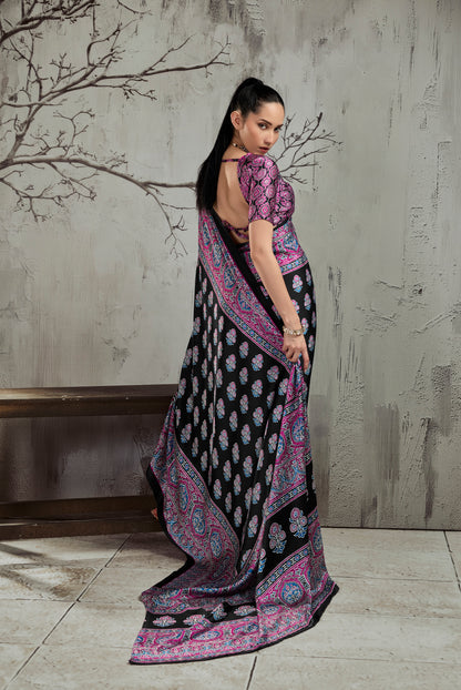 Black & Magenta Modal Silk Ready To Wear/Easy Saree by StyleByPanaash