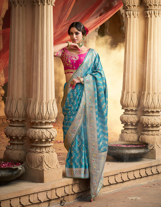 Blue Color Designer Kanjivaram Readymade/Easy Saree