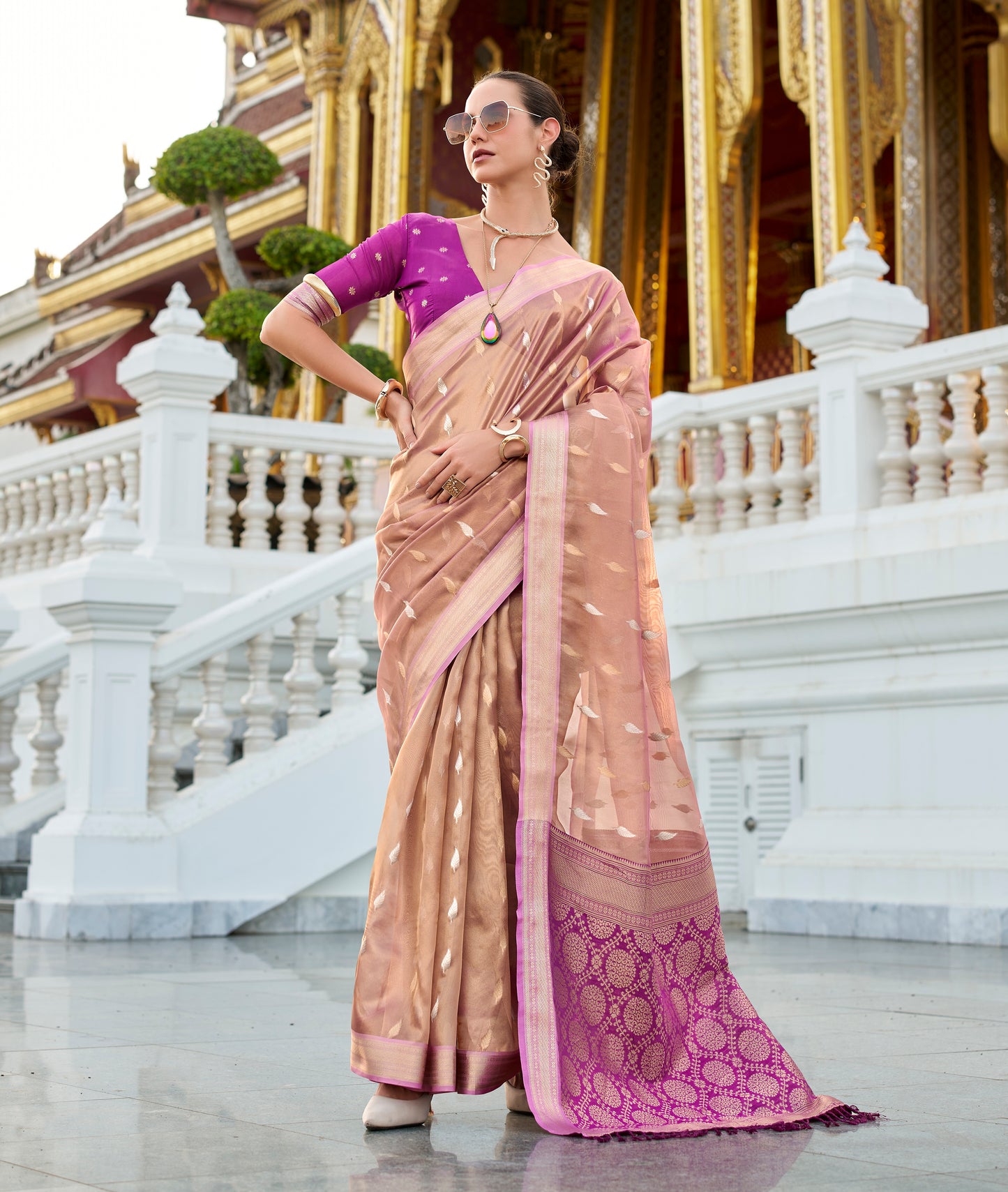 Pink Tissue Silk Readymade/Easy Fancy Saree