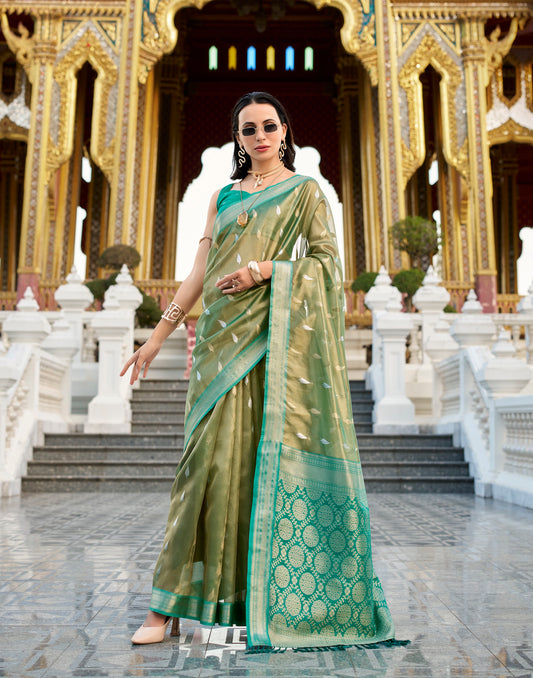 Green Tissue Silk Readymade/Easy Fancy Saree