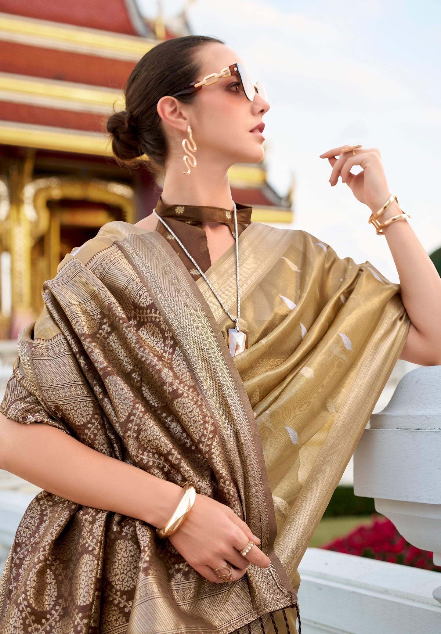 Golden Tissue Silk Readymade/Easy Fancy Saree