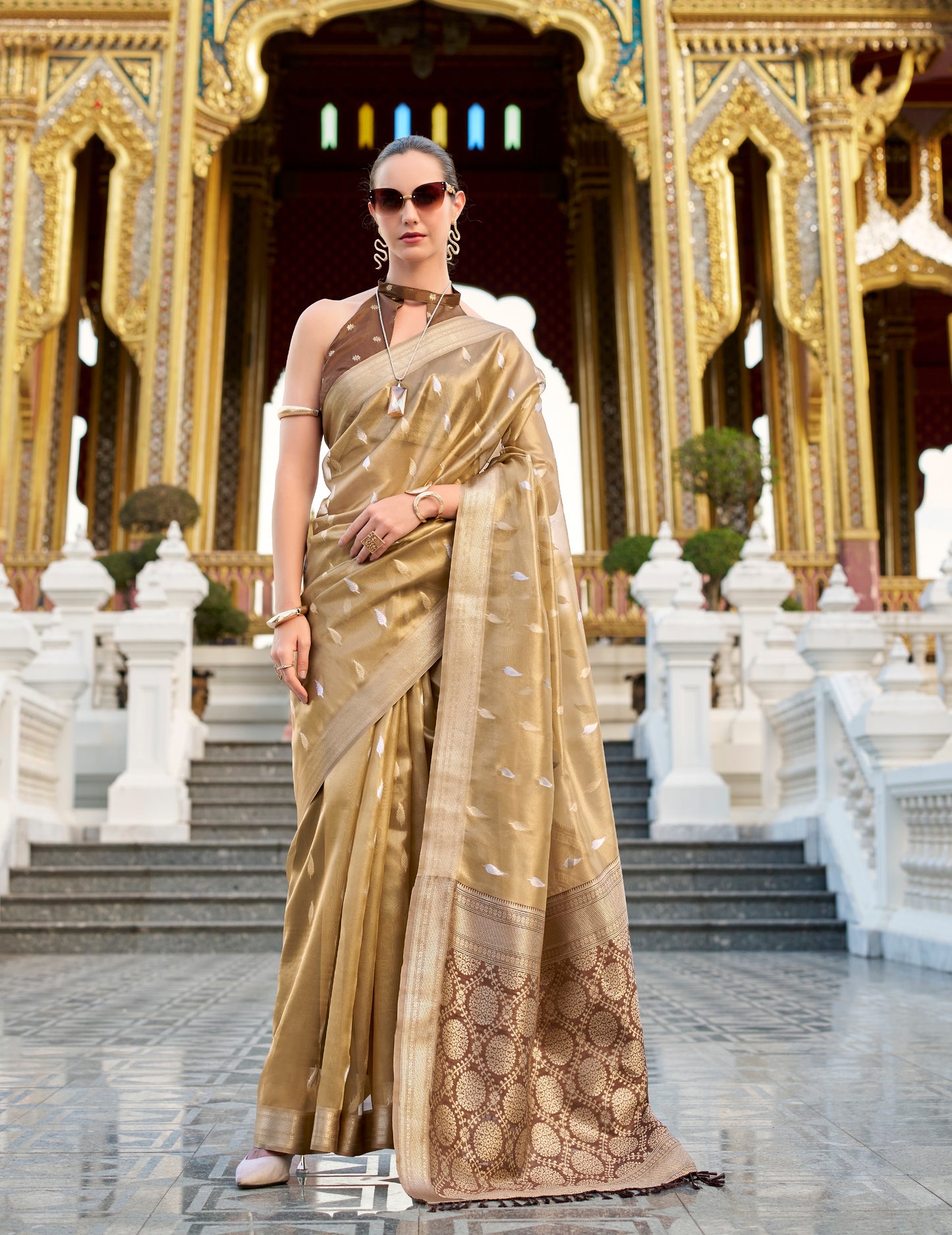 Golden Tissue Silk Readymade/Easy Fancy Saree