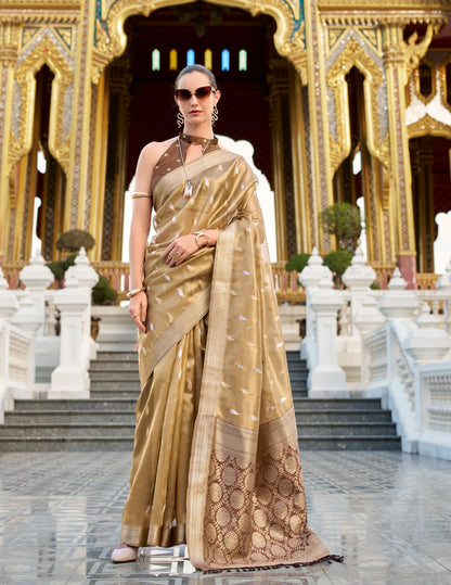 Golden Tissue Silk Readymade/Easy Fancy Saree