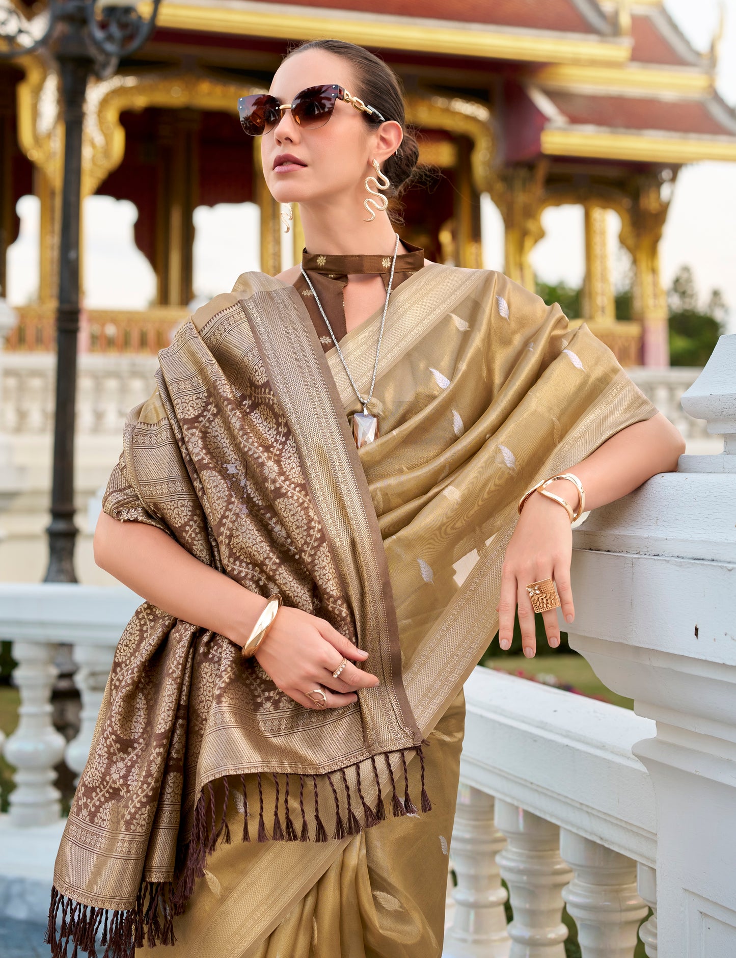 Golden Tissue Silk Readymade/Easy Fancy Saree