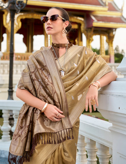 Golden Tissue Silk Readymade/Easy Fancy Saree