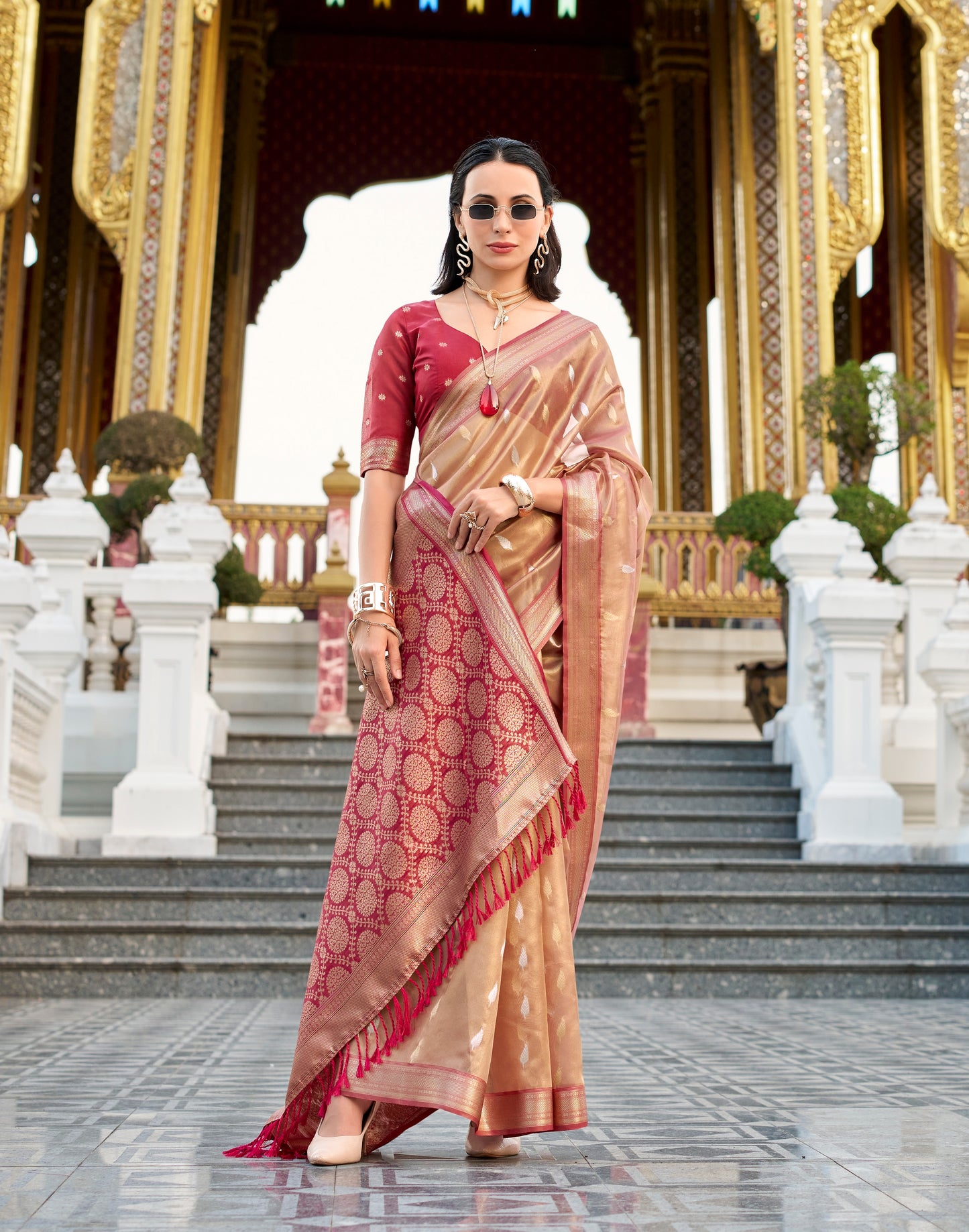 Maroon Tissue Silk Readymade/Easy Fancy Saree