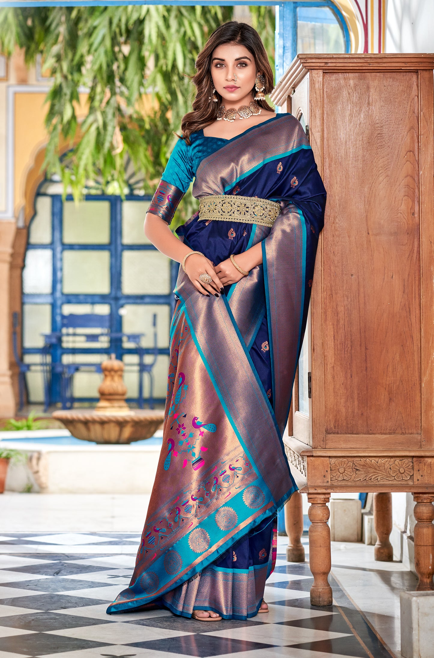 Navy Blue Paithani Silk Readymade Saree