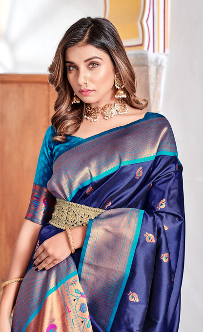 Navy Blue Paithani Silk Readymade Saree