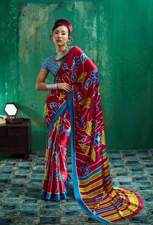 Ready-to-wear saree in dark red with multicolor floral print and striped border