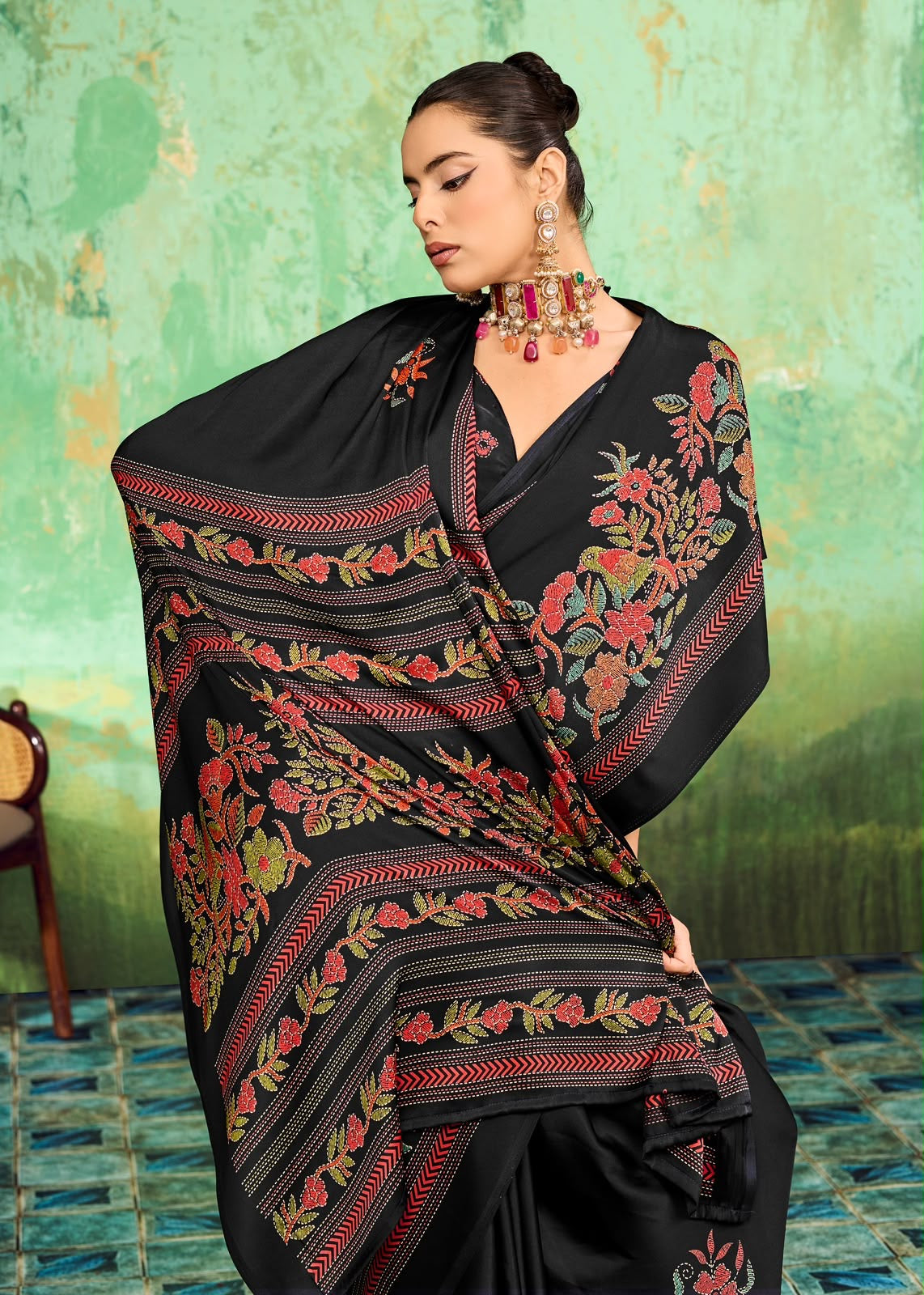 Black Modal Silk Ready To Wear/Easy Saree by StyleByPanaash