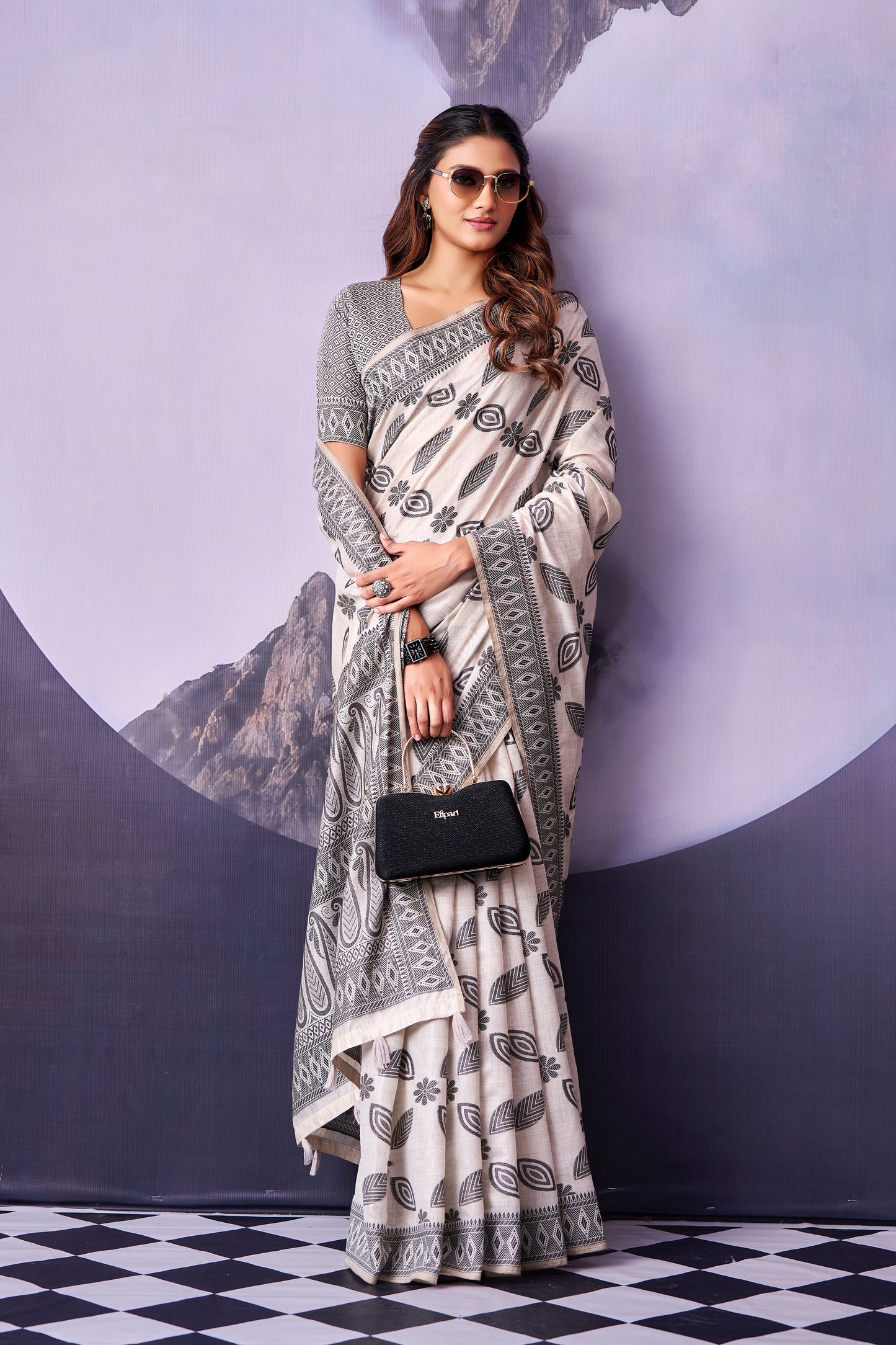 Grey & White Petal Print Cotton Ready To Wear/Easy Saree by Stylebypanaash 