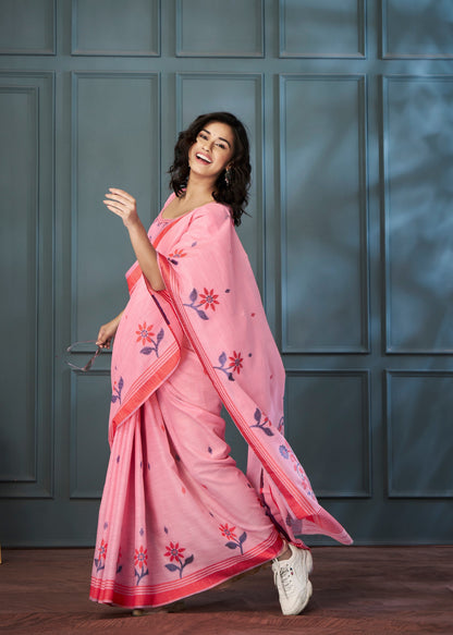 Pink Color Resham Woven Cotton Office Wear Easy/Readymade Saree