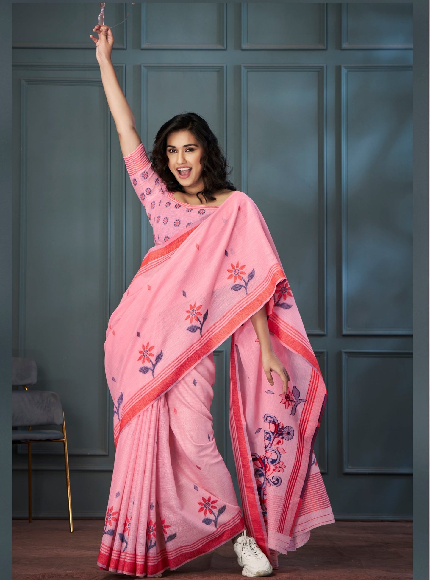 Pink Color Resham Woven Cotton Office Wear Easy/Readymade Saree