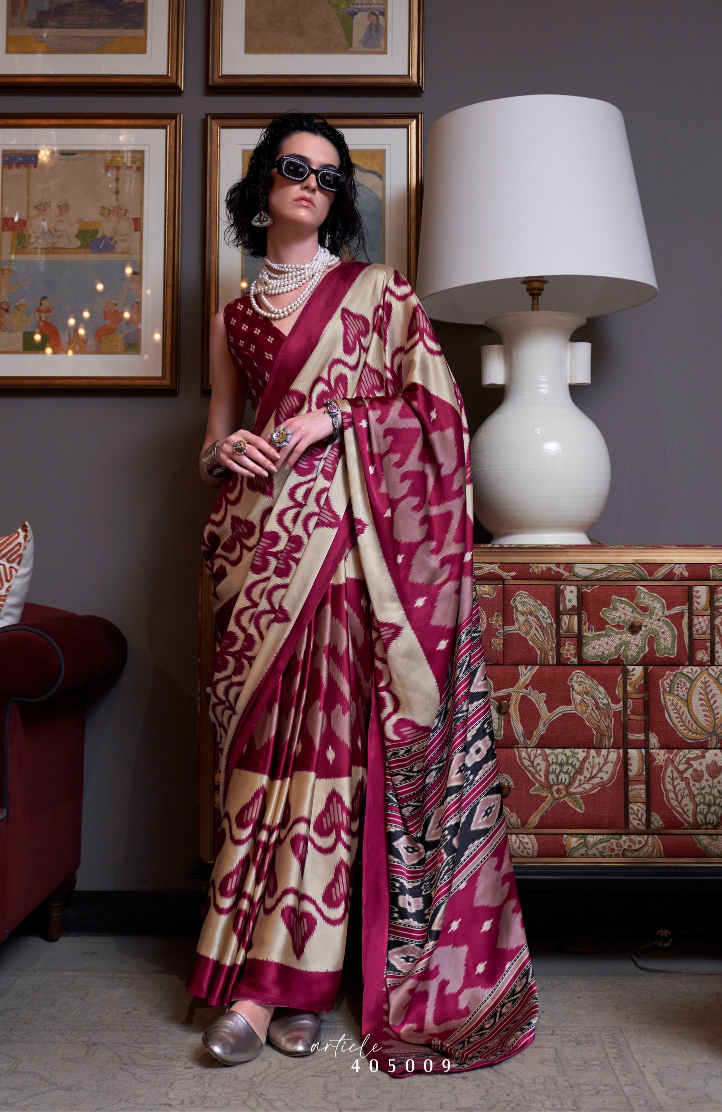 Patola Maroon Crepe Silk Easy/Readymade Saree