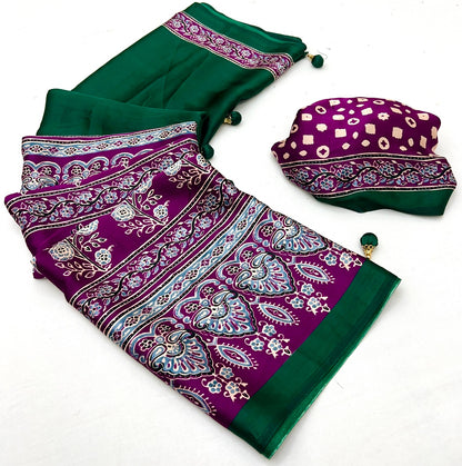 Green & Purple Crepe Silk Readymade/Easy Saree