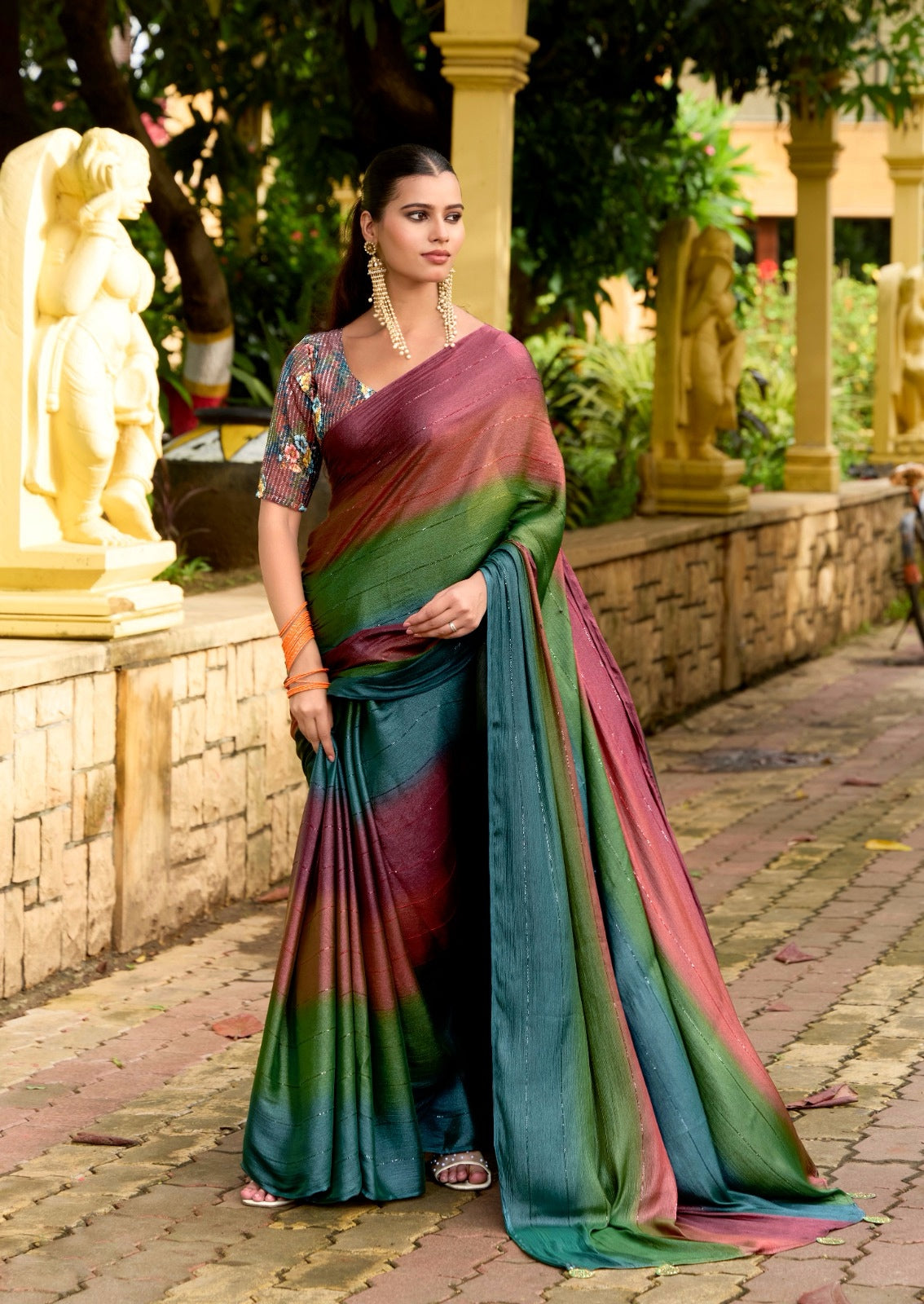 Wine and green multicolor Georgette Readymade/Easy Saree