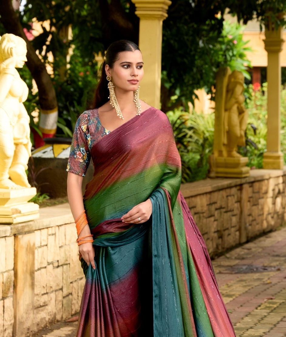 Wine and green multicolor Georgette Readymade/Easy Saree
