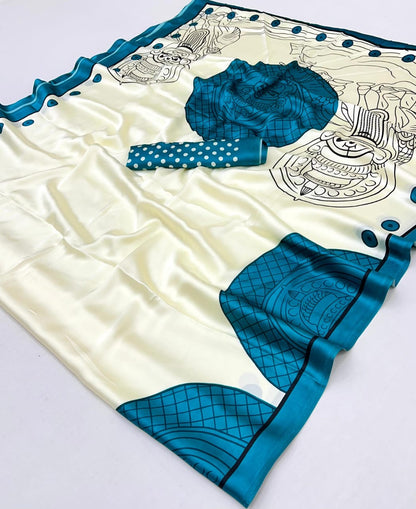 Teal blue and White Crepe Silk Readymade/Easy Saree