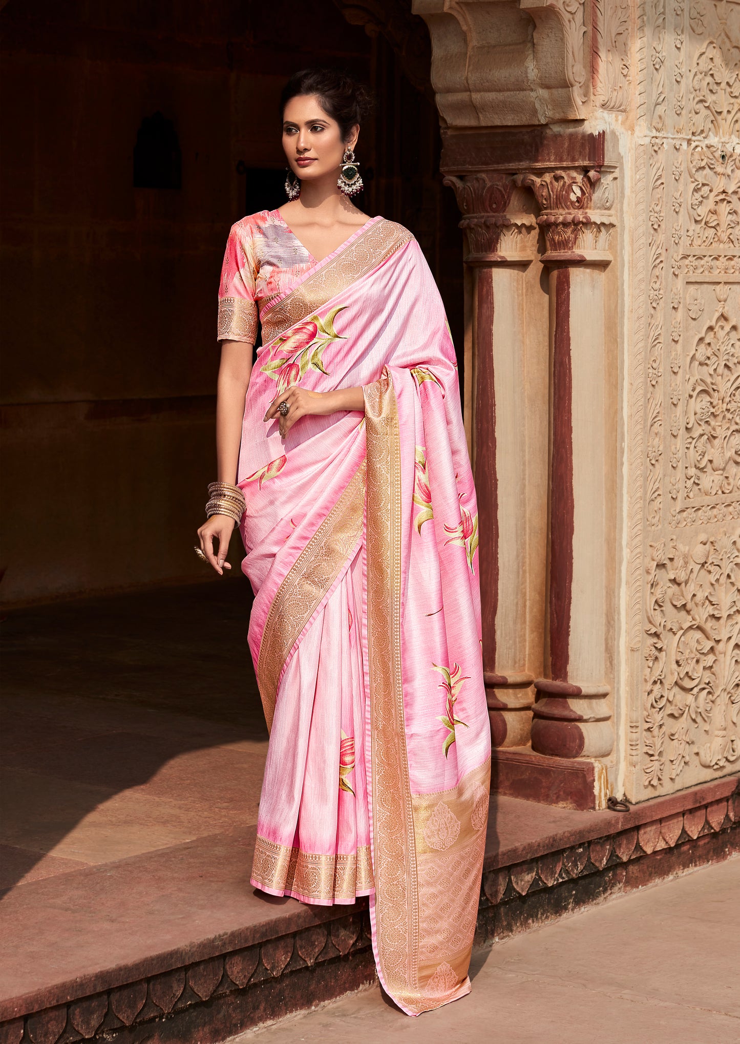 Pink Printed Silk Readymade/Easy Saree