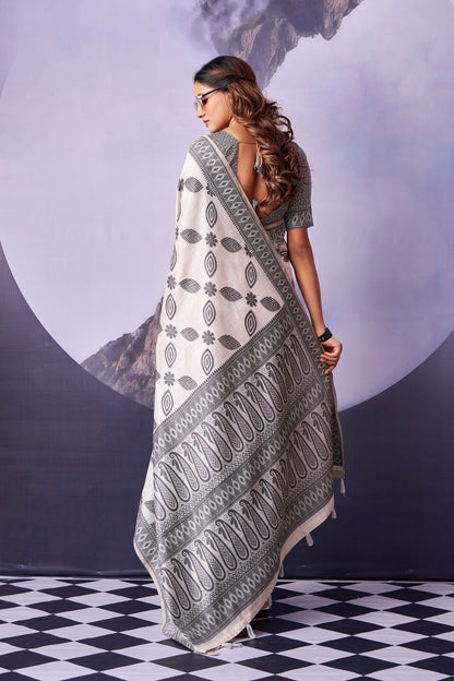 Grey & White Petal Print Cotton Ready To Wear/Easy Saree by Stylebypanaash 