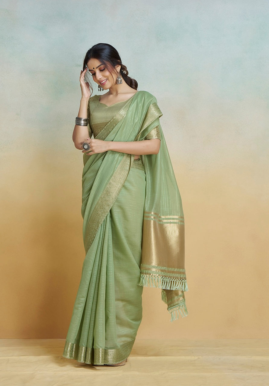 Pista green khadi silk easy saree with gold stripe border and fringed pallu