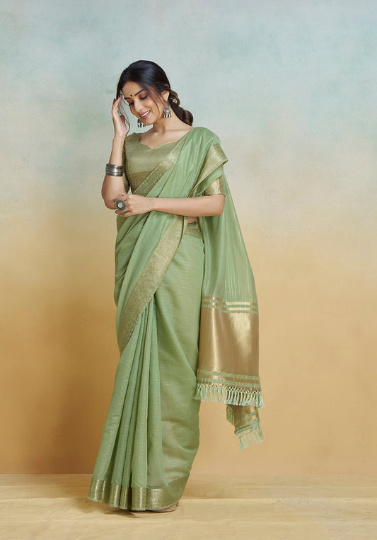 Pista green khadi silk easy saree with gold stripe border and fringed pallu