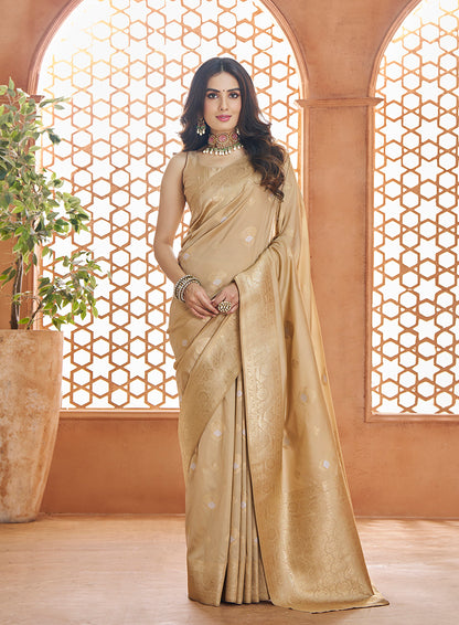 Beige Color Banarasi Silk Readymade/Easy Fancy Saree