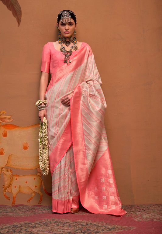 Peach Stripe Kanjivaram Silk Readymade/Easy Saree