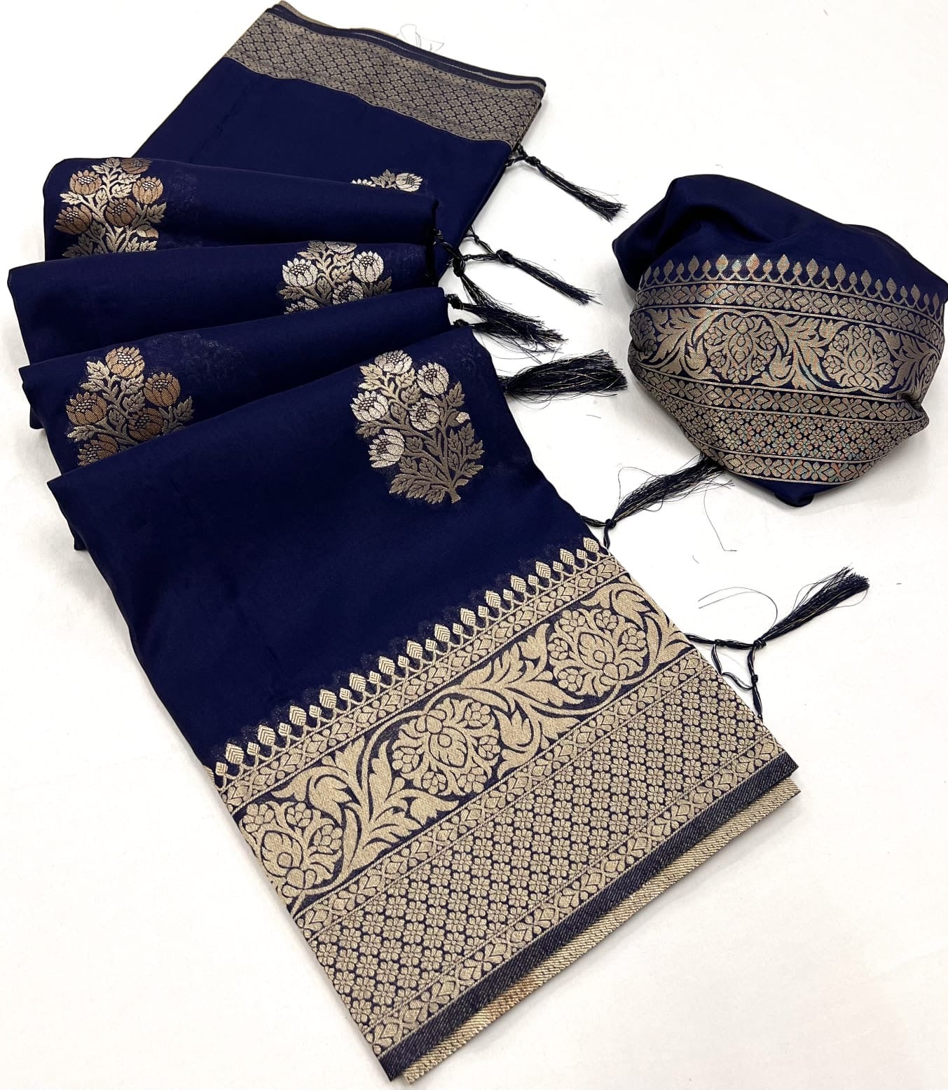 Navy Blue Khadi Georgette Readymade/Easy Saree