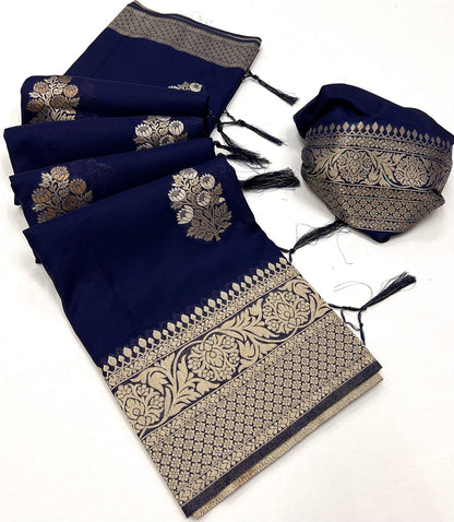 Navy Blue Khadi Georgette Readymade/Easy Saree