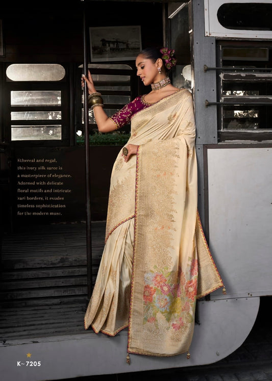 Off-White Banarasi Soft Silk Readymade/Easy Saree