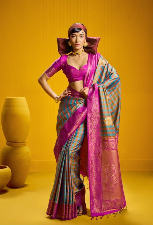 Teal-Blue Checks Readymade/Easy Kanjivaram Saree - Panaash Saree