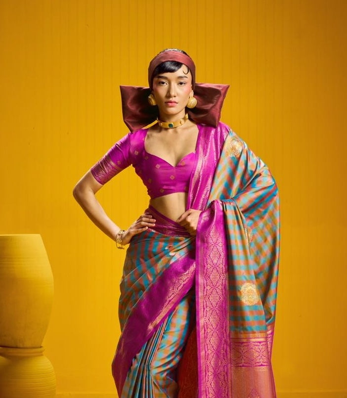 Teal-Blue Checks Readymade/Easy Kanjivaram Saree - Panaash Saree