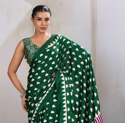 Green Heart Dot Readymade Crepe Silk Saree