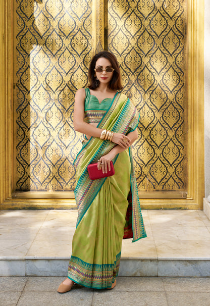 Mint Green Color Tissue Banarasi Silk Readymade/Easy Saree