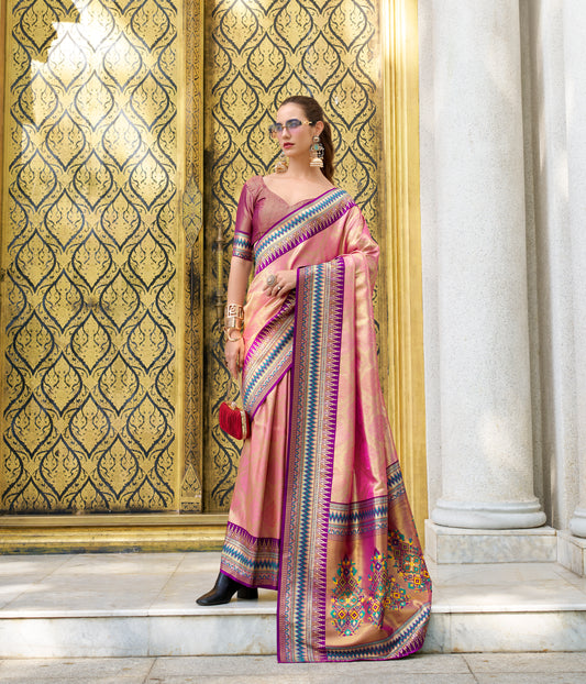 Light Pink Color Tissue Banarasi Silk Readymade/Easy Saree