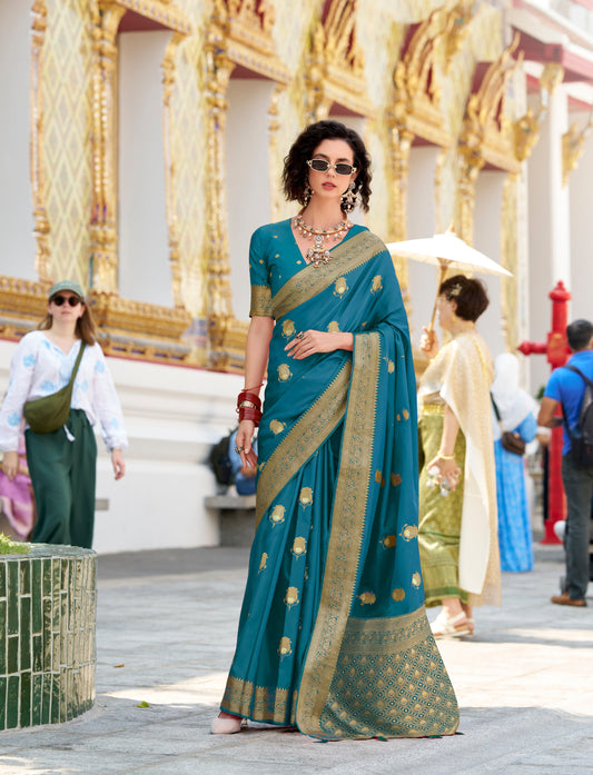 Turquoise Color Satin Silk Readymade/Easy Saree