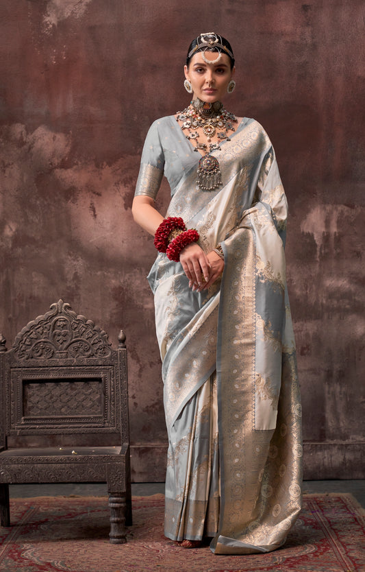 Grey Color Banarasi Silk Readymade/Easy Saree