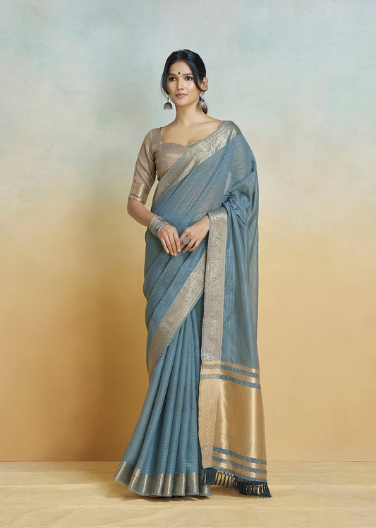 Slate grey easy saree with gold striped border, pleated drape and matching blouse