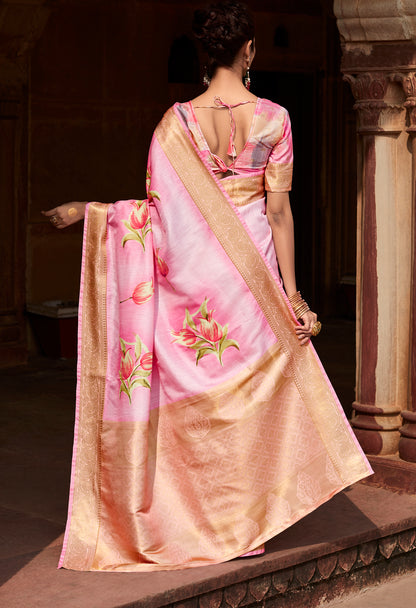 Pink Printed Silk Readymade/Easy Saree