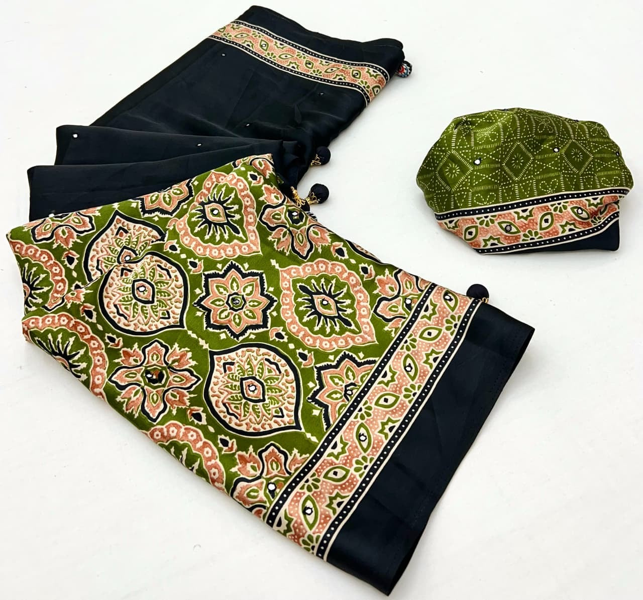 Black & Olive Green Crepe Silk Ready To Wear/Easy Saree - Panaash Saree