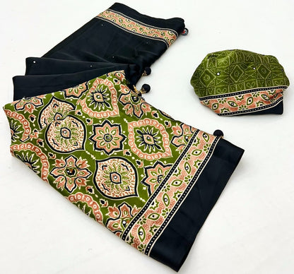 Black & Olive Green Crepe Silk Ready To Wear/Easy Saree - Panaash Saree