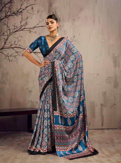 Blue & Black Modal Silk Ready To Wear/Easy Saree