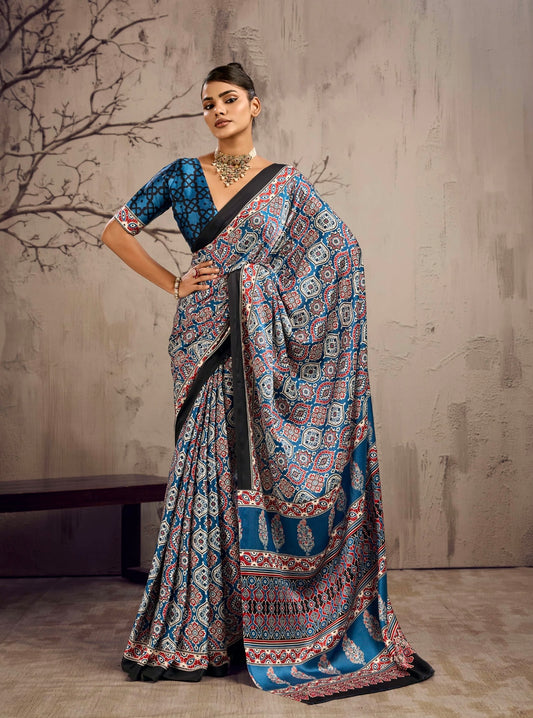 Modal silk easy saree with black border and blue multicolor geometric print, draped