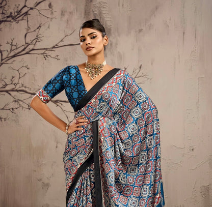 Blue & Black Modal Silk Ready To Wear/Easy Saree
