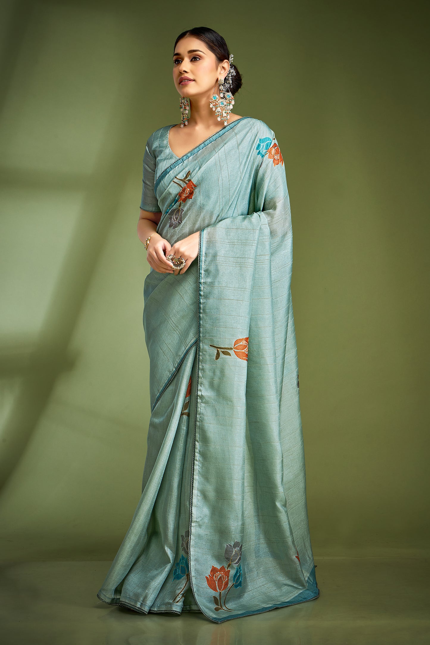 Blue Color Tusser Silk Fancy Readymade/Easy Saree