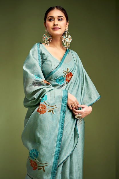 Blue Color Tusser Silk Fancy Readymade/Easy Saree