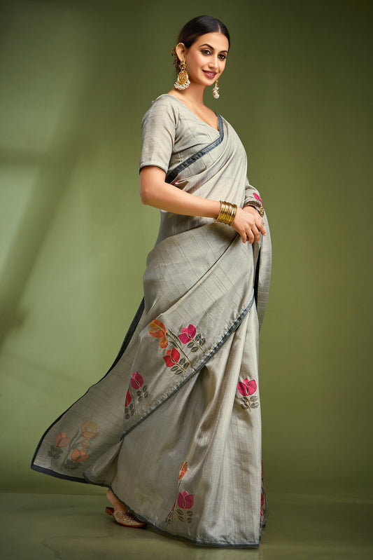 Grey Color Tusser Silk Fancy Readymade/Easy Saree