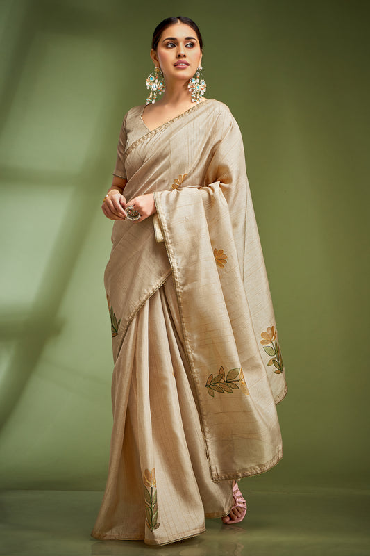 Light Golden Color Tusser Silk Fancy Readymade/Easy Saree