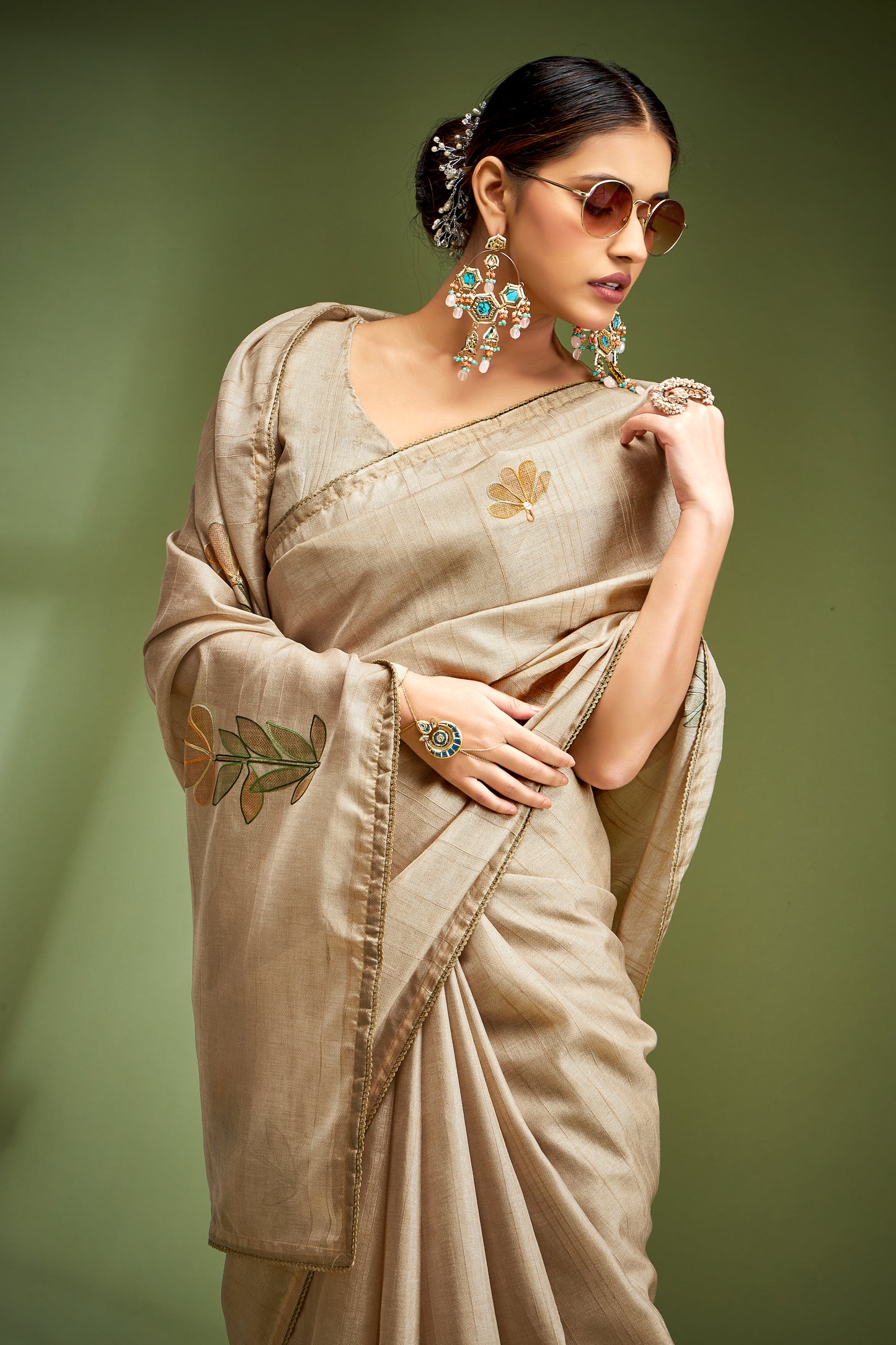 Light Golden Color Tusser Silk Fancy Readymade/Easy Saree